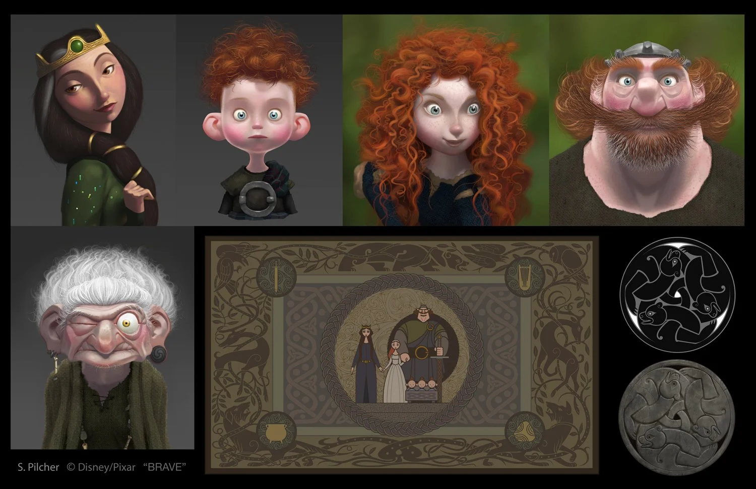 Digital paintings of Merida, father, brother, family tapestry and Celtic bear symbols, all in earthy color palette in the style of the film Brave.