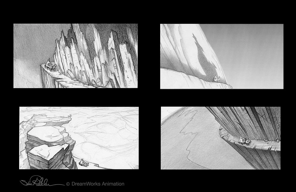 Pencil drawings, concept art of the road to Far Away, with a traveling onion carriage pulled by horses through treacherous mountain pathways, for the film Shrek 2