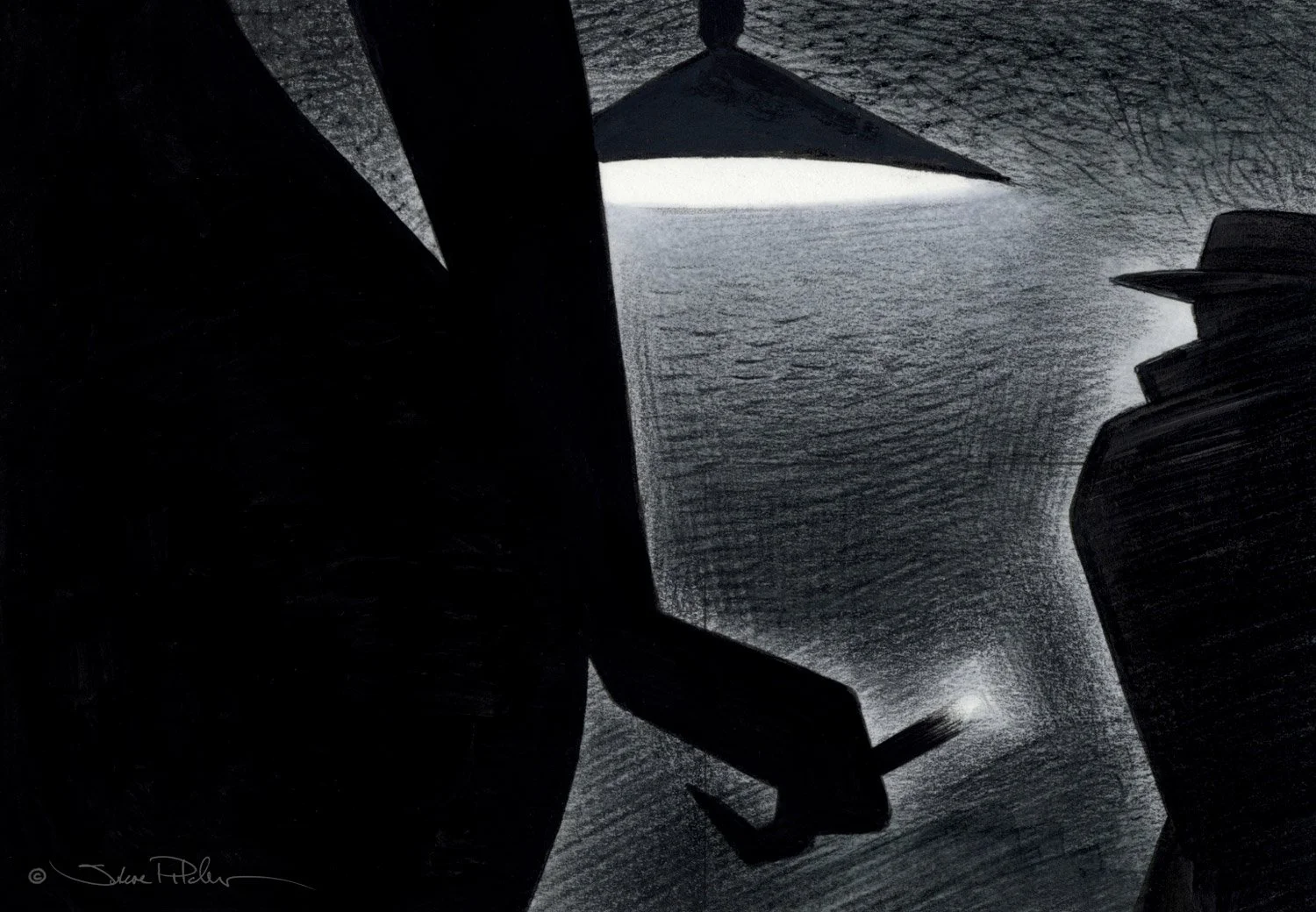Black pencil and ink drawing of a film noir femme fatale scene with a woman holding a cigarette near a ceiling lamp with a man in a hat and coat to the side.