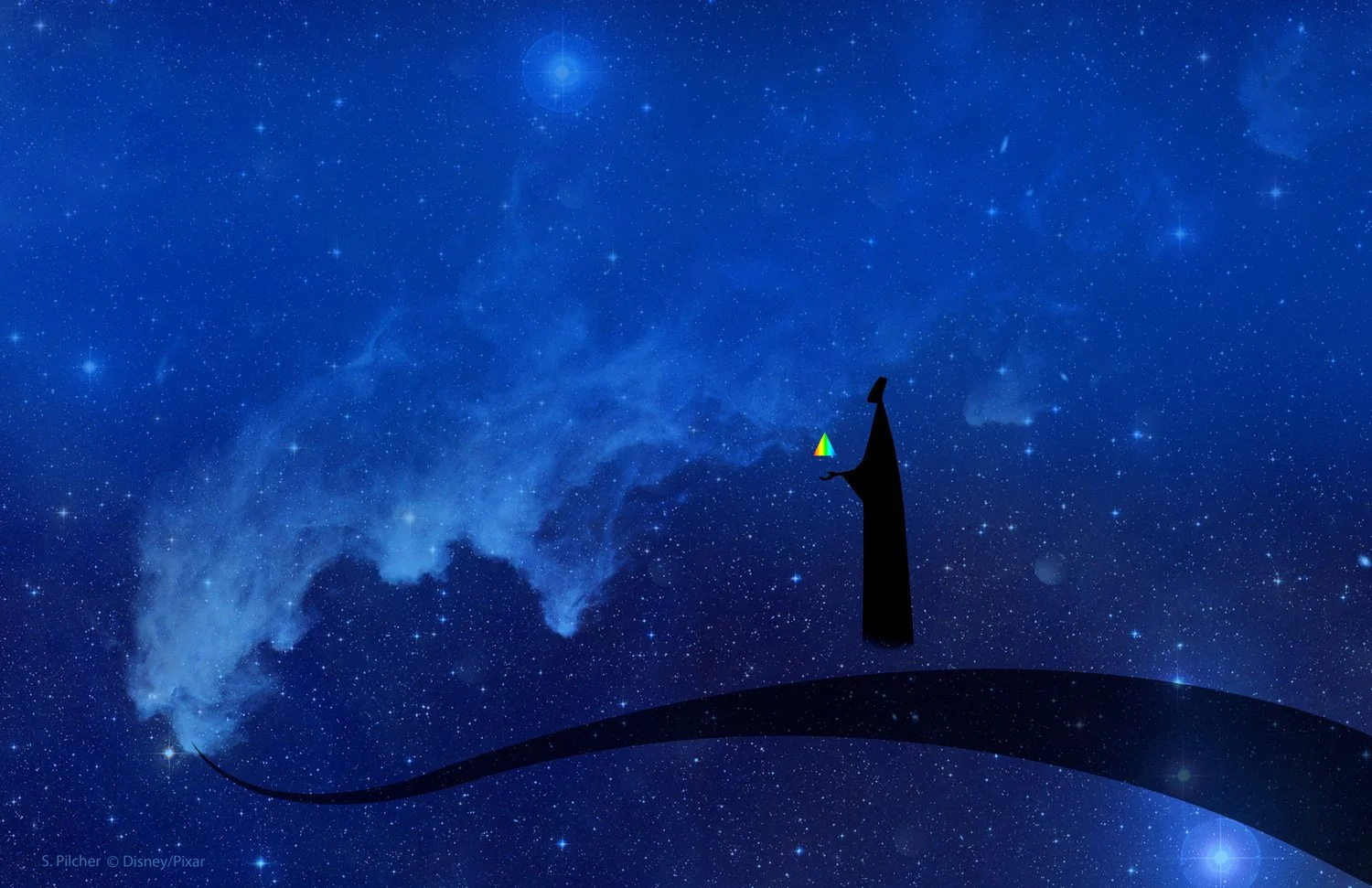 Digital concept art of councilor holding colored prism on a black path in deep blue, starry space for the film Soul.