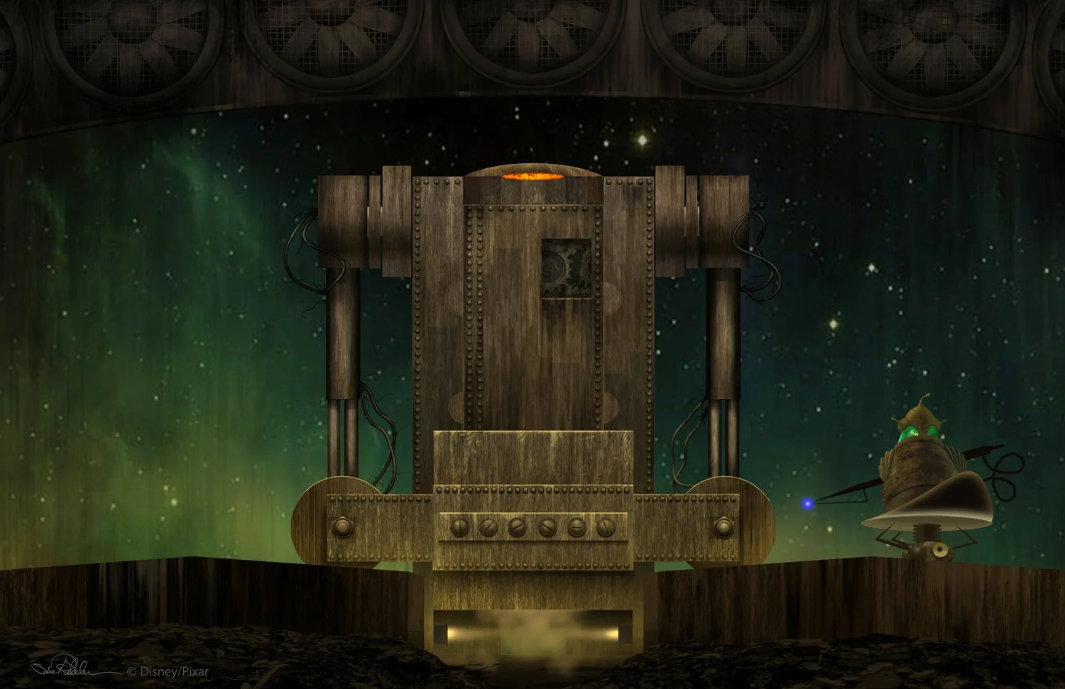 Digital concept painting of giant brown trash compactor character with orange eye, with a green gel humanoid character on a seat holding a probe with a blue light at the tip, for the film WALL-E.