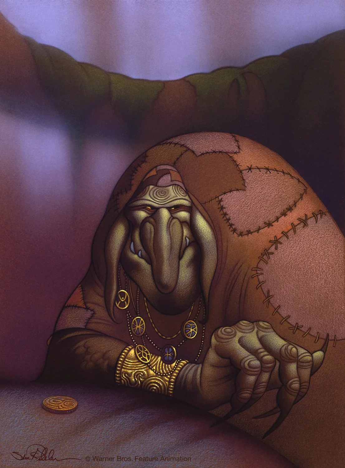 Gouache and airbrush concept painting of a troll character with a gold coin, dressed in brown, patched leather clothing and gold jewelry, for the film Quest for Camelot.
