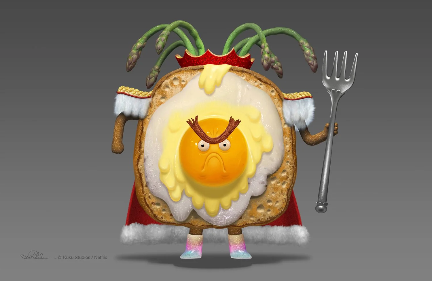 Digital concept painting of King Benedict character with an egg yolk face, wearing an asparagus crown, red cape and glitter boots, holding a plastic fork, for the film In Your Dreams.