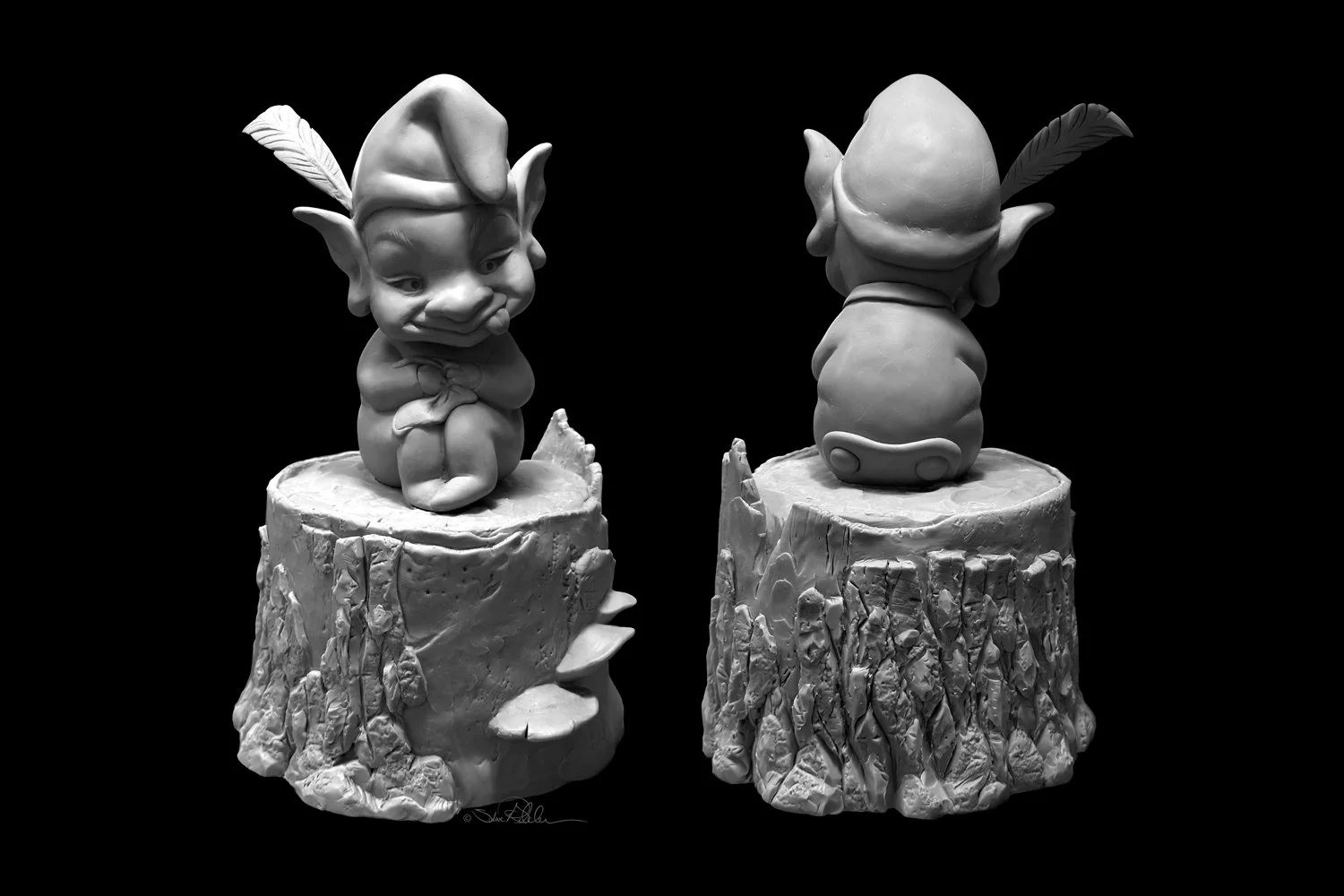 Sculpture in grey clay in two angles of small troll-like character with a feather in his cap sitting on an old tree stump with toadstools growing on it’s side.