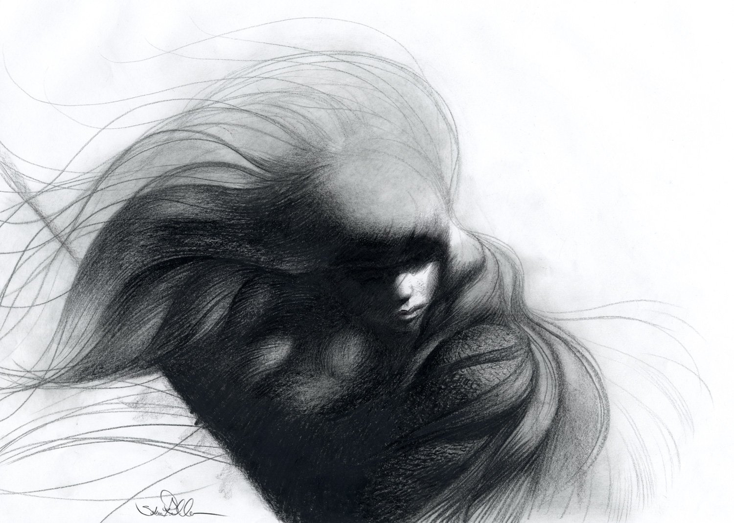 A pencil fantasy drawing of a woman warrior’s head and shoulders holding a sword with wild long hair blowing in the wind in dramatic light against a white background.