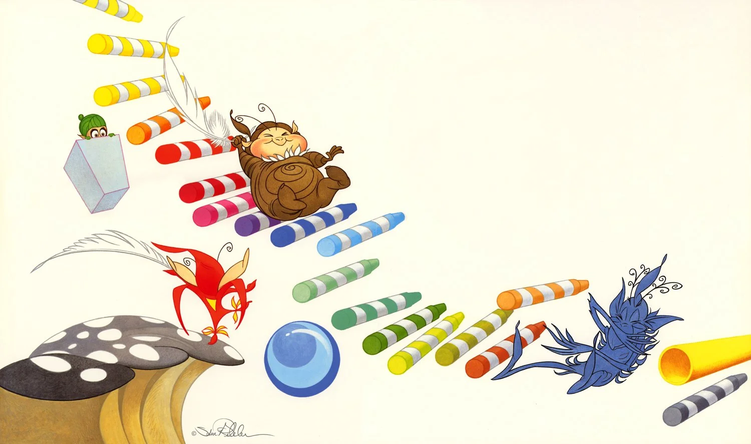 Colored pencil and acrylic painting of tiny sprite like characters playing, running and rolling down multicolored crayons against a white background.
