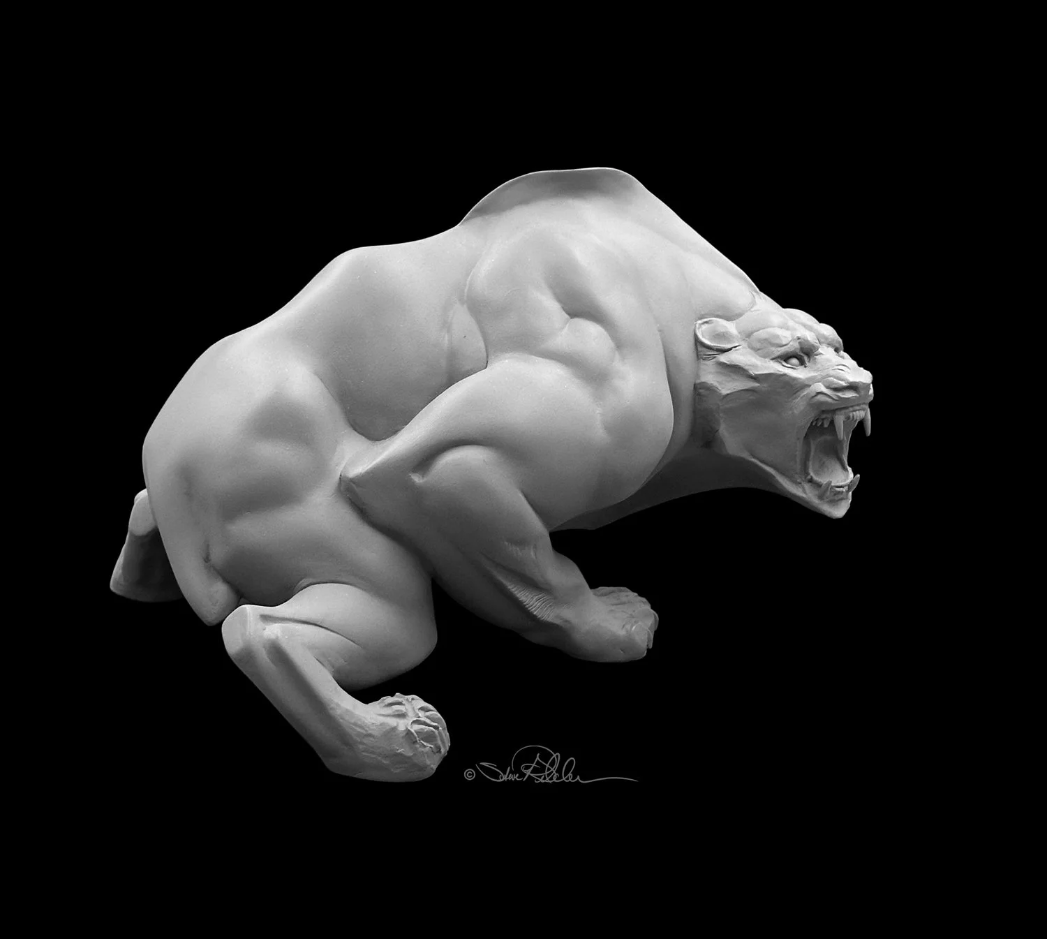 Sculpture in grey epoxy resin of a bear-cat creature snarling with bared fangs in a crouched strike defense pose.