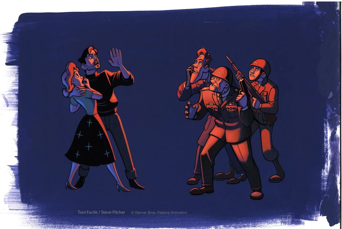 An acrylic painting of characters looking up at the Iron Giant in a red-orange light on a dark blue background, for the poster of the film The Iron Giant.