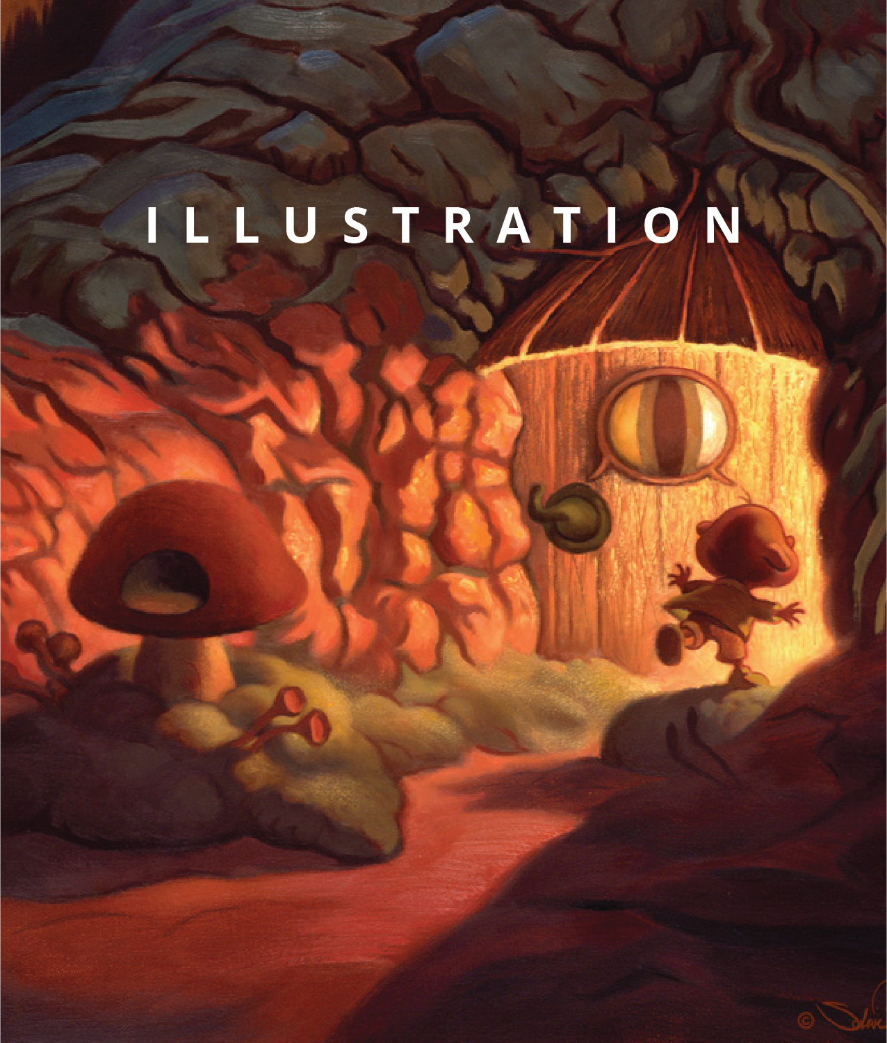 An oil painting of a small, elf-like character running through an open door at the roots of a large tree in dusk lighting.