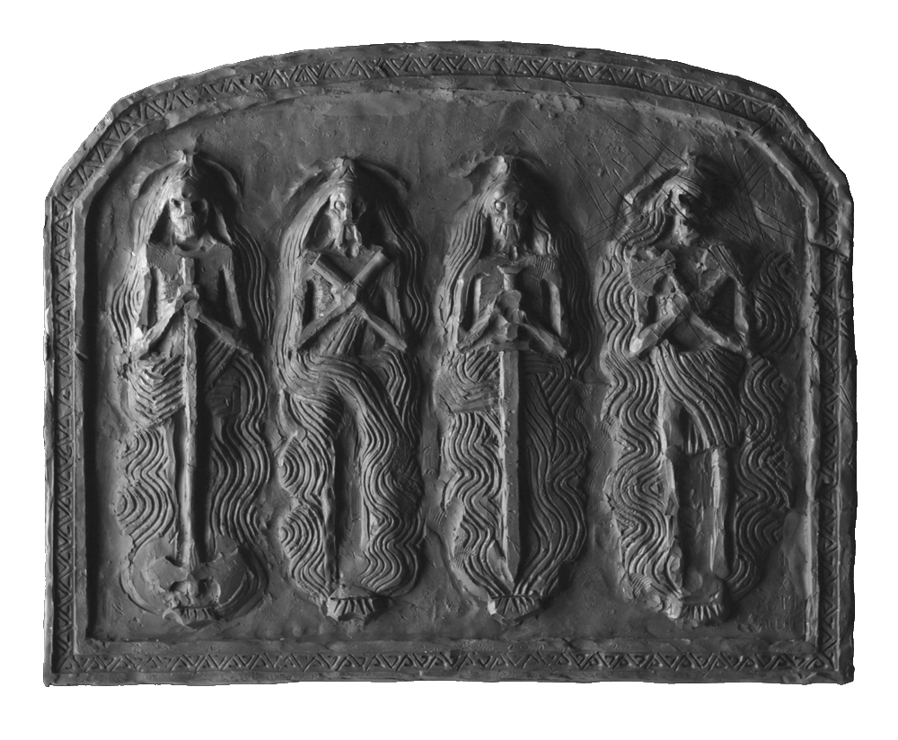 Clay sculpture of four ancient warriors carved into a Celtic tablet of grey, dark stone in the style of the film Brave.