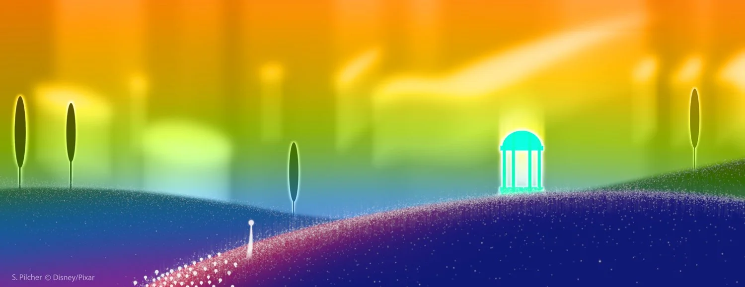 Digital concept art of Soul landscape in colorful hues with counsellor character walking towards a pavilion in the art style of the film Soul.