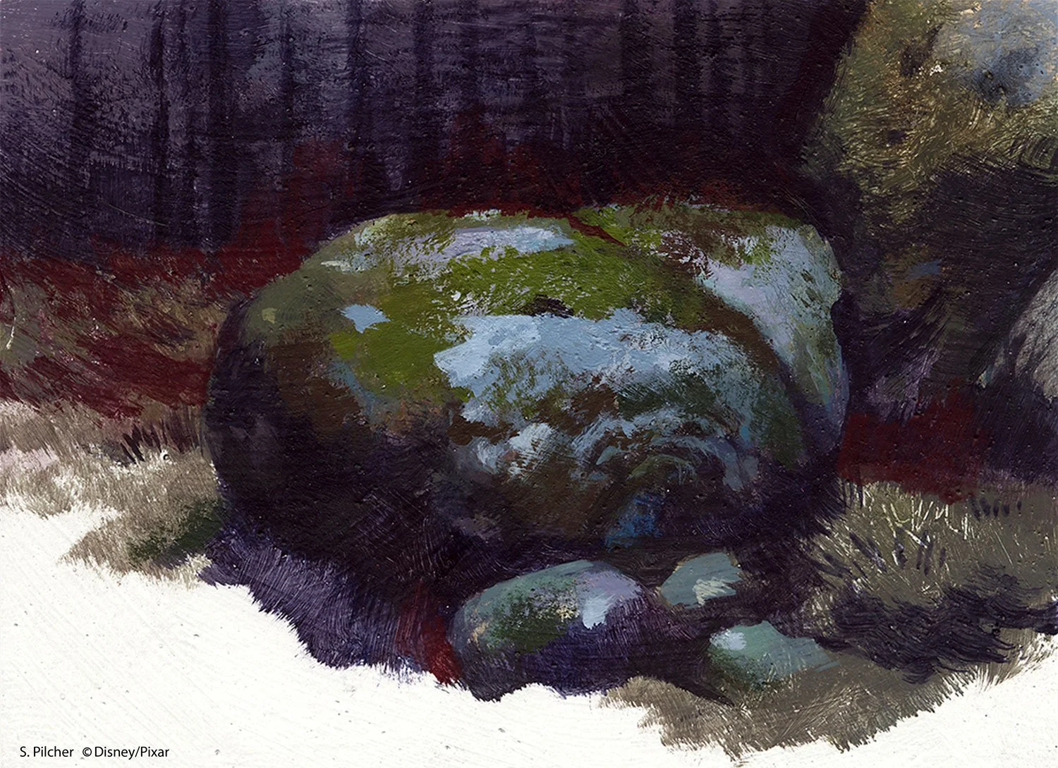 An acrylic painting of green moss covered boulder with a Celtic symbol carved in the surface, in front of a dark, violet colored forest in the style of the film Brave.