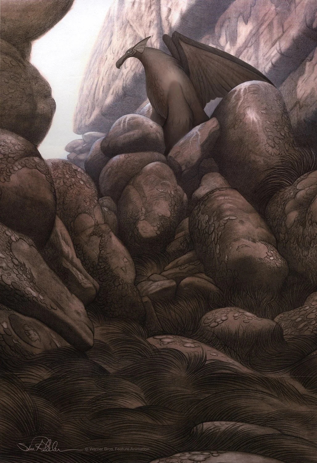 Pencil drawing in brown tones of griffin character standing in a rocky setting, for the film Quest for Camelot.