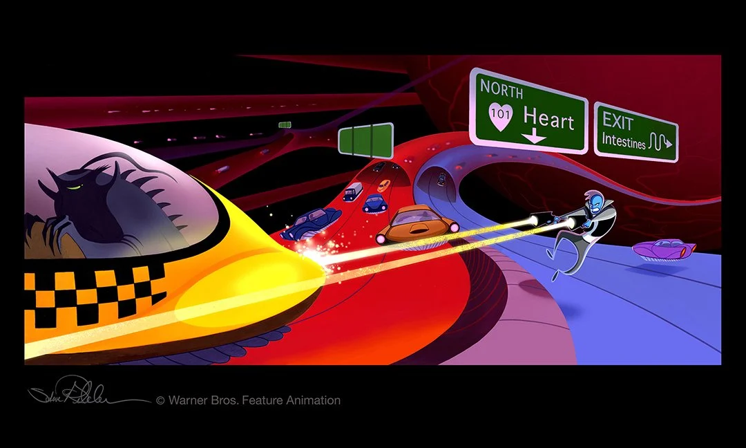An acrylic and digital painting of Osmosis Jones inside the body on blue and red artery highways firing at an escaping germ in a yellow taxi, in the style of the film Osmosis Jones.