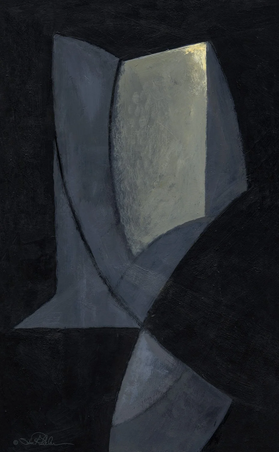 An acrylic abstract painting of a sentinel warrior in a black, grey and ochre color palette.