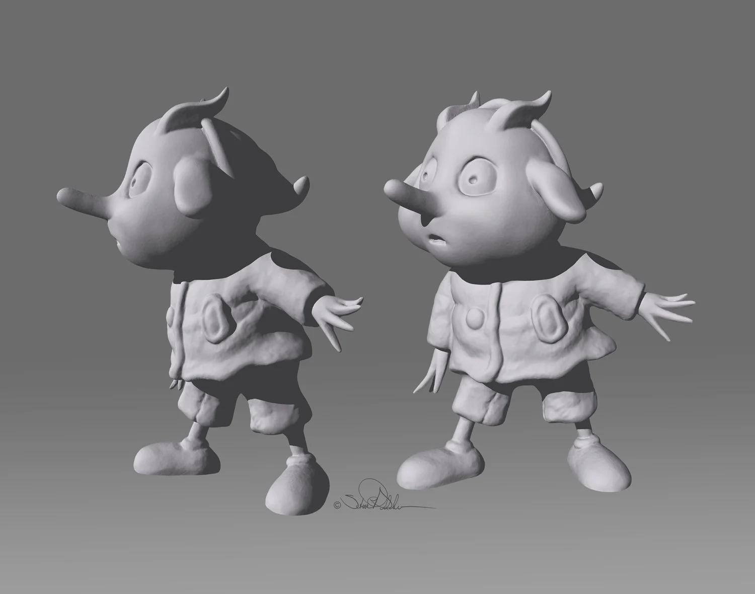 Sculpture in grey clay in two angles of the young pixie-like character named “Norbert Nipkin” from the book titled “Norbert Nipkin.”