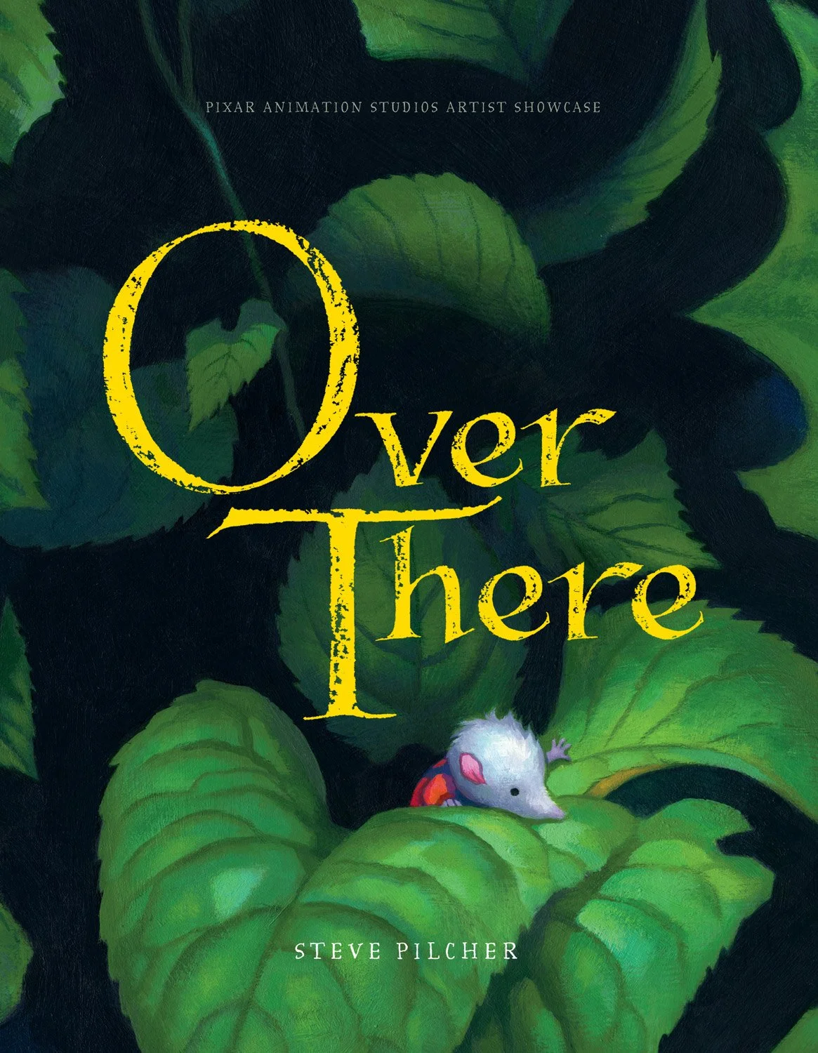 Book cover titled “Over There” of green leaves with a small grey shrew wearing a red and blue jump suit peering over green leaves in a dark forest setting.