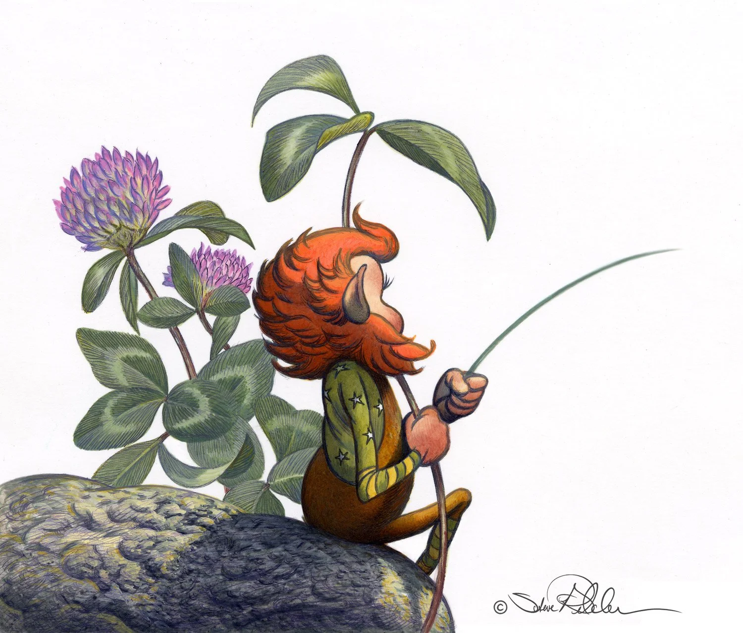An acrylic fantasy painting of a tiny red-orange haired Leprechaun holding the stem of a clover flower sitting on a rock with a white background.