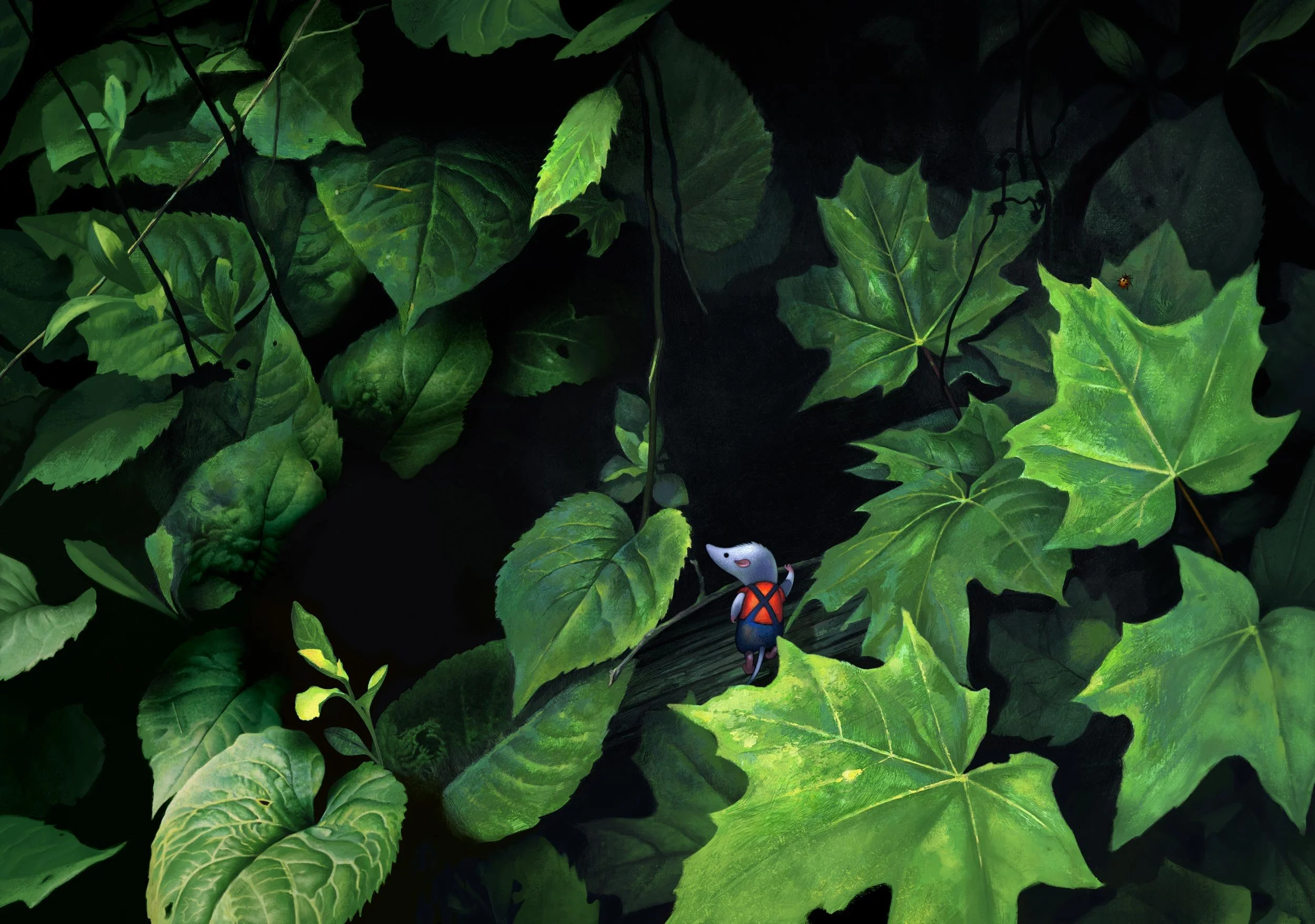 An acrylic painting of a tiny shrew character among green leaves entering a dark forest.