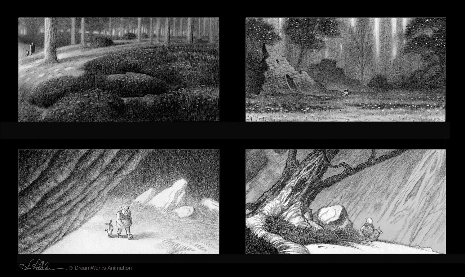 Pencil and marker concept art of Shrek and Donkey walking through various forest settings, for the film Shrek 2.