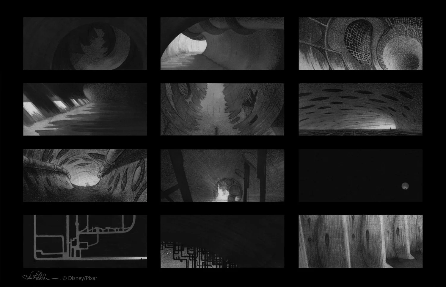 Pencil, marker and digital black and white compositions of various locations in the sewer region on the ship, for the film WALL-E.