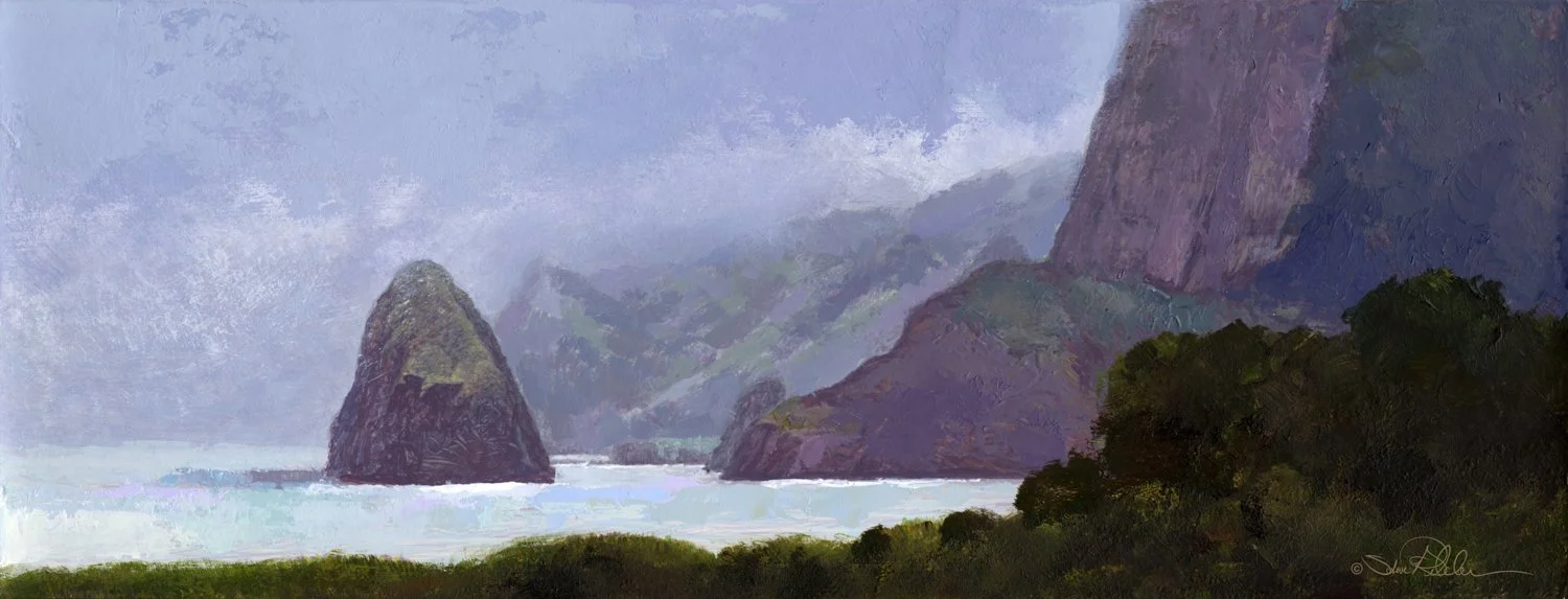 An acrylic painting of a misty, tropical, Hawaiian shoreline executed with painterly brushwork in a blue-green violet color palette.
