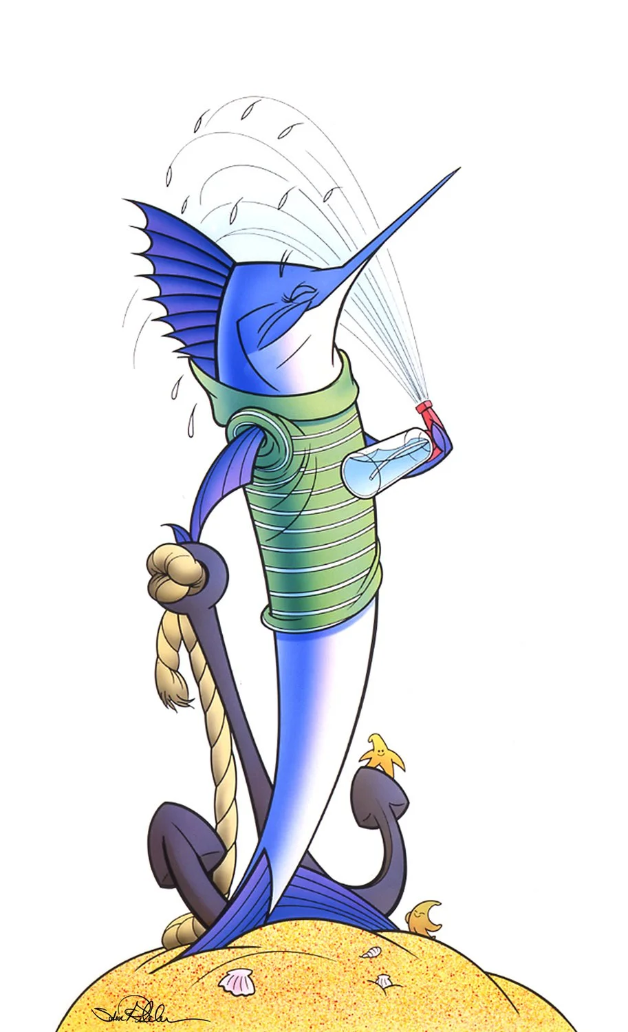Ink and airbrush illustration and design of a cartoon blue marlin fish character wearing a stripped green top, spraying himself with a red capped water spray bottle, holding a roped anchor and standing on a yellow sandy beach hill.