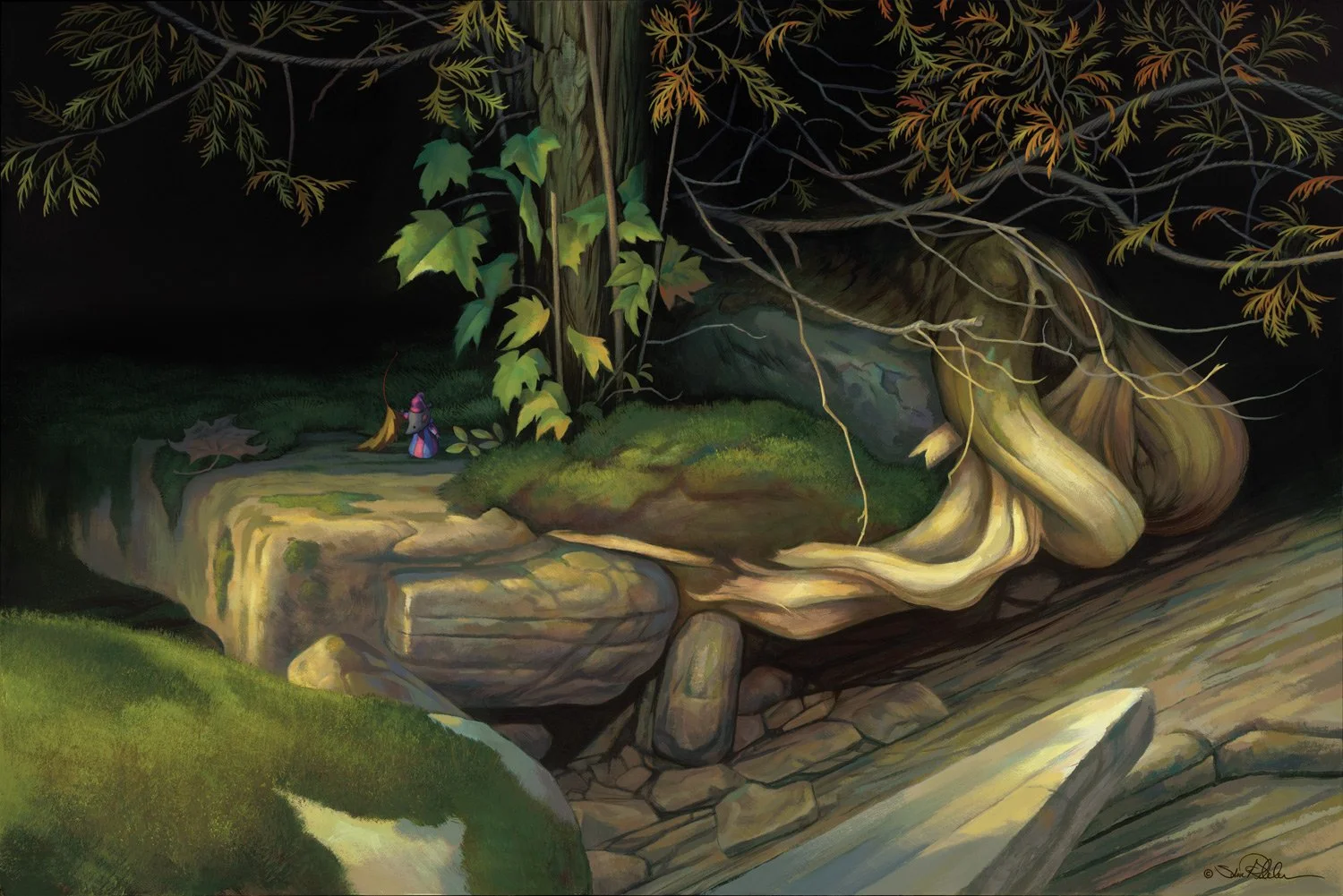 Acrylic painting of a tiny grey shrew character wearing a pink cap and a striped pink and blue coat lifting up a leaf in a dark rocky forest setting with twisting yellow roots and green moss, from the book titled “Over There.”