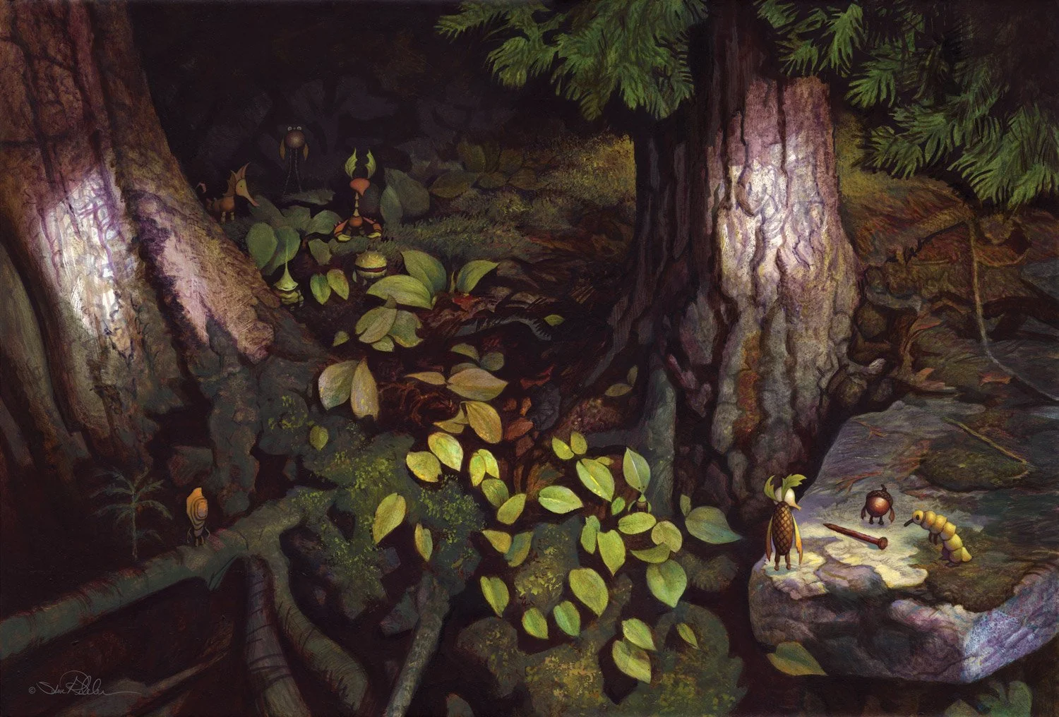An acrylic fantasy painting of a dark green and brown forest floor setting with moss covered pine tree roots. Small forest sprites populate the painting while three sprites standing on a rock ledge stare at a rusty construction nail.