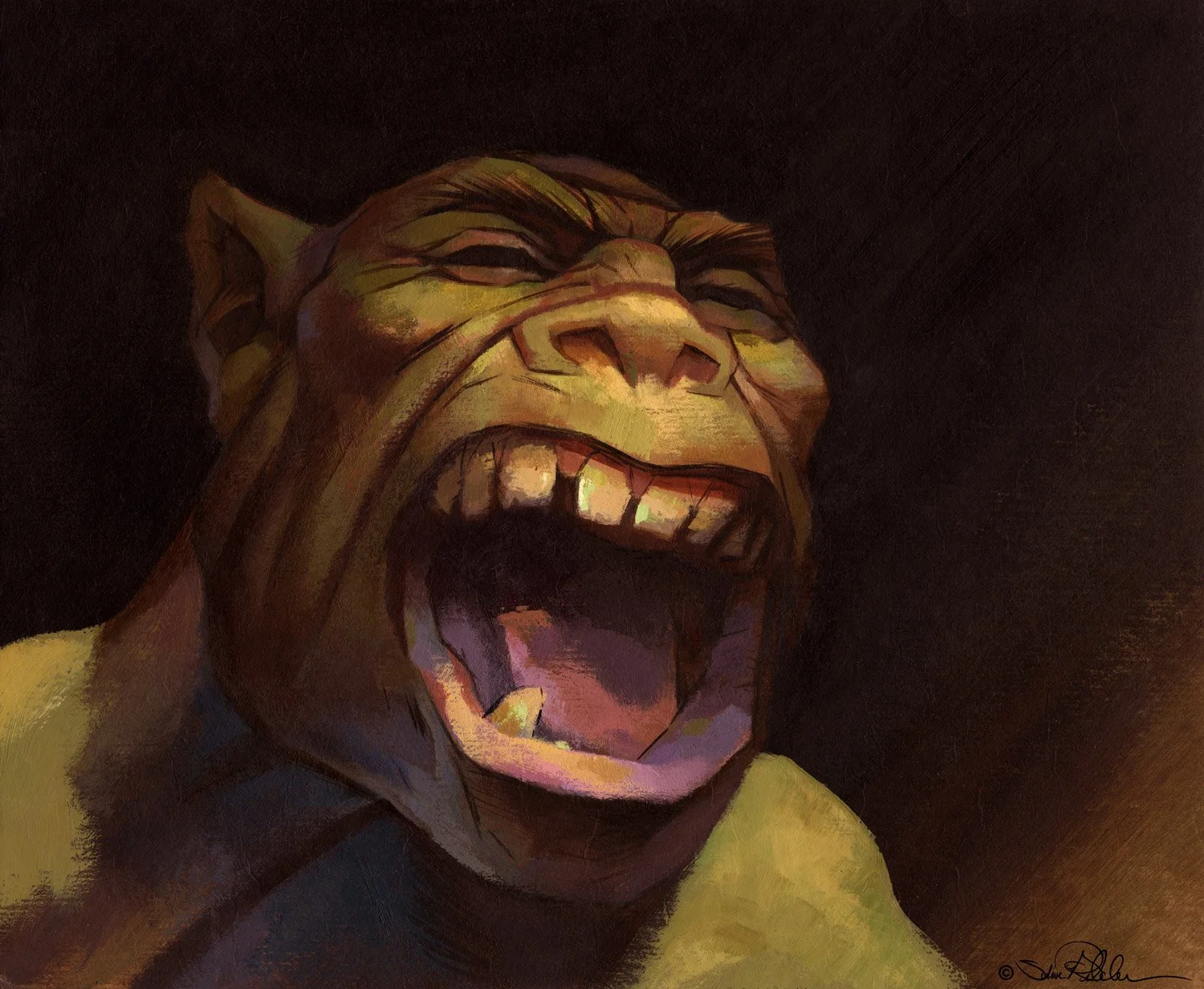 An acrylic fantasy painting of an Ogre yelling spotlit in dramatic golden light against a dark brown background.