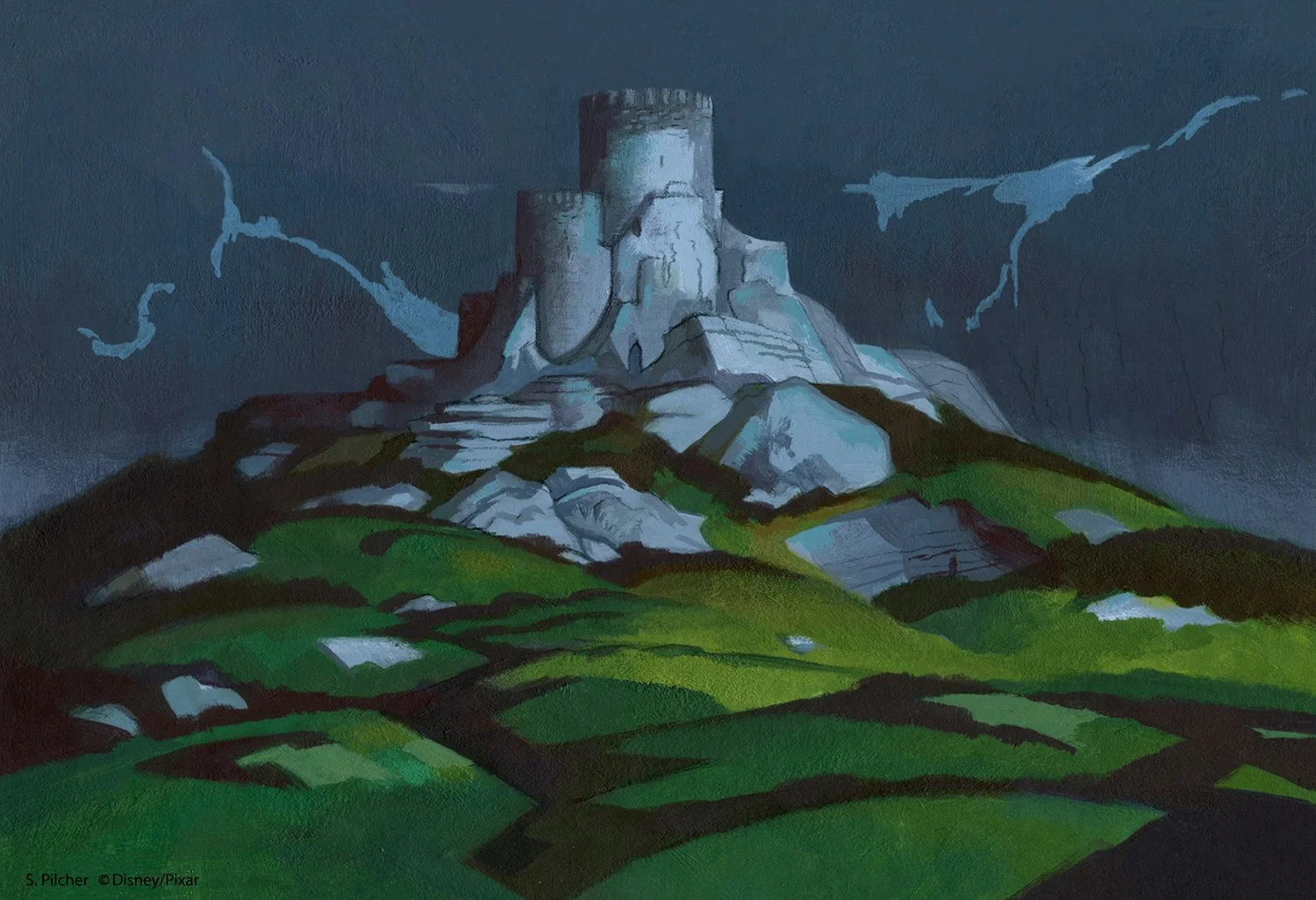 Digital concept painting of grey stone Scottish castle on green highland hills against a stormy grey background in the style of the film Brave.
