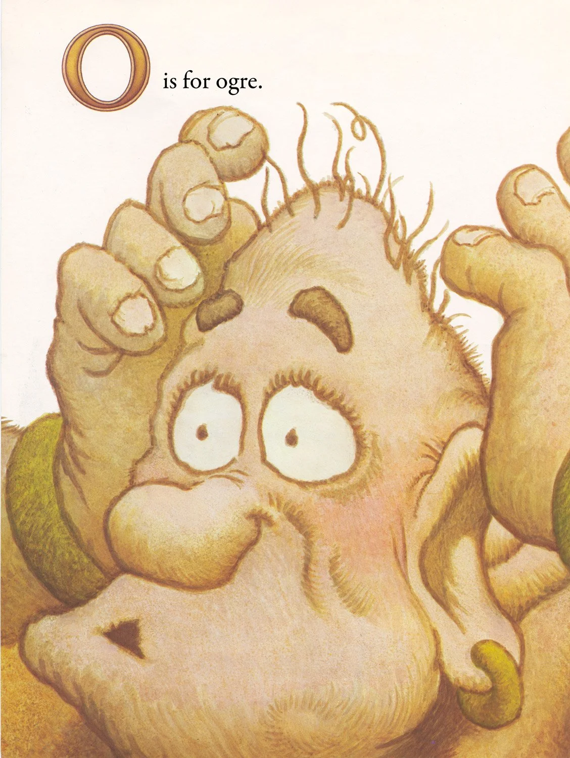 Sample page from the book “Elfabit.” Acrylic painting of an Ogre wearing an olive colored bracelet and earring reaching for his missing hat.