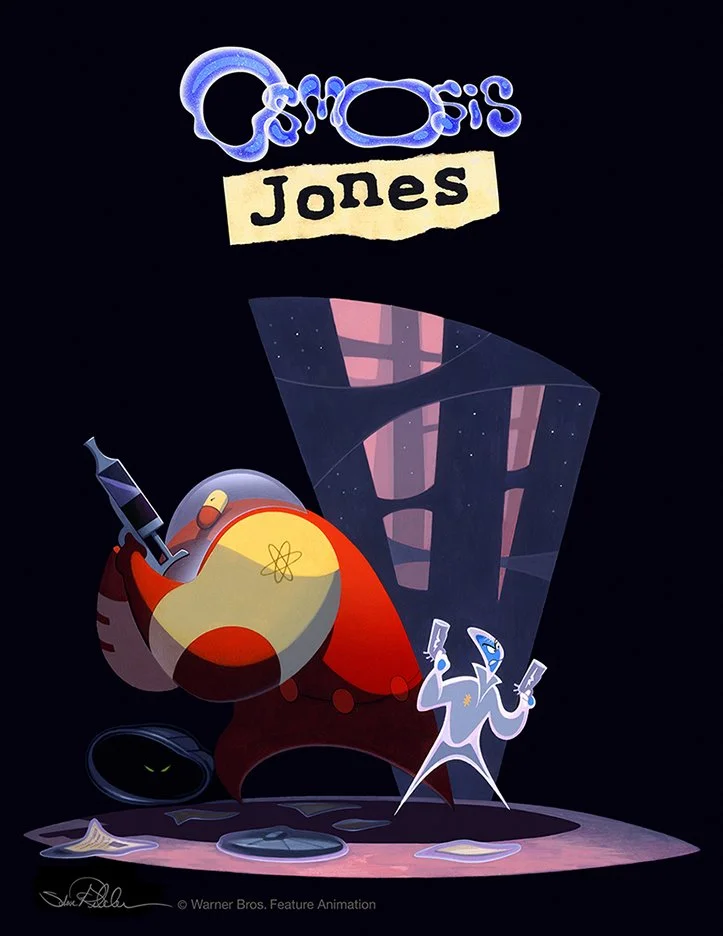 Acrylic painting of a conceptual poster of white and blue Osmosis Jones and red and yellow Drix character in a dark alley with weapons drawn, in the style of the film Osmosis Jones.