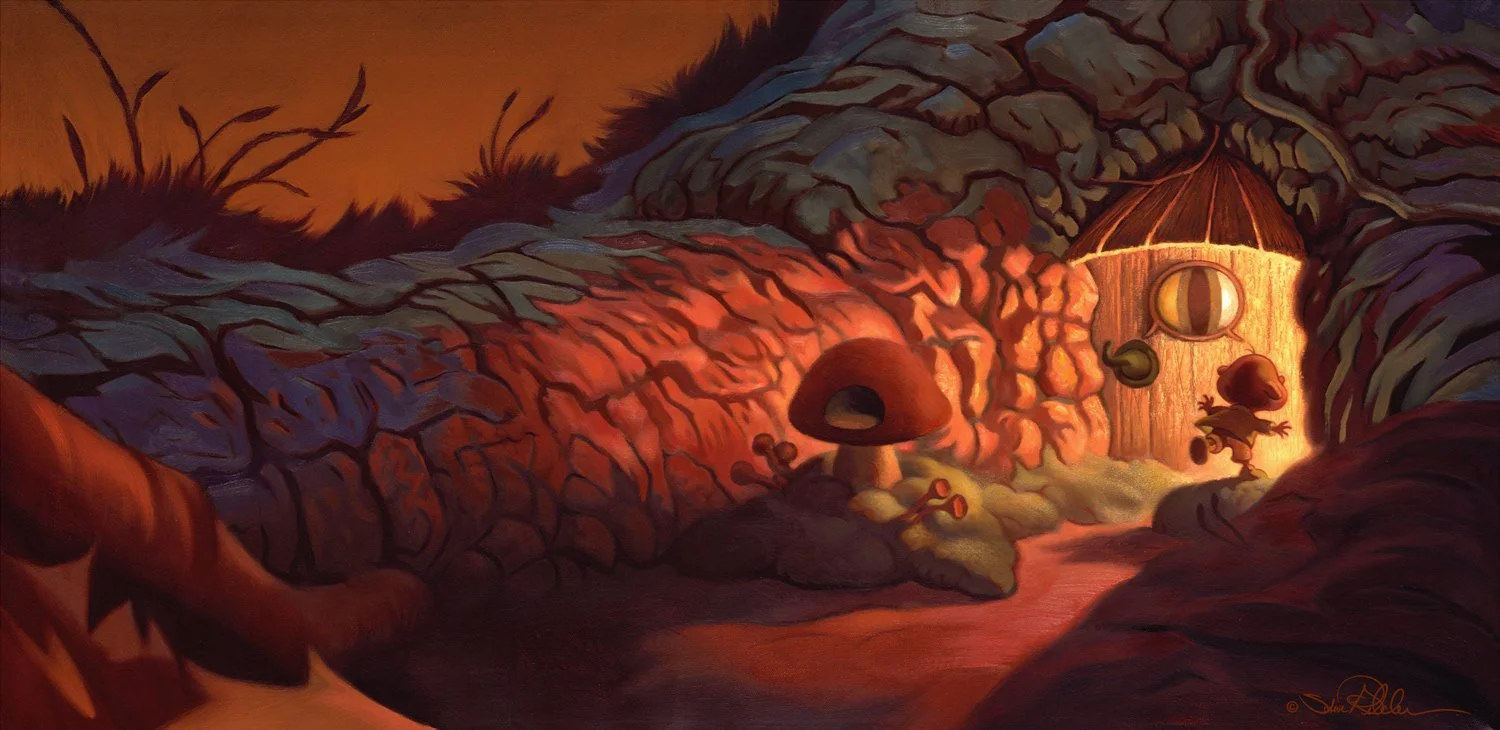 Oil painting of a tiny elf like character running into his tree root home through a wooden doorway with a cat’s eye window in red orange sunset light, from the book titled “Norbert Nipkin.”