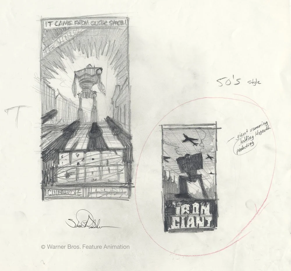 Pencil sketches on paper of Iron Giant poster concept, for the movie The Iron Giant.