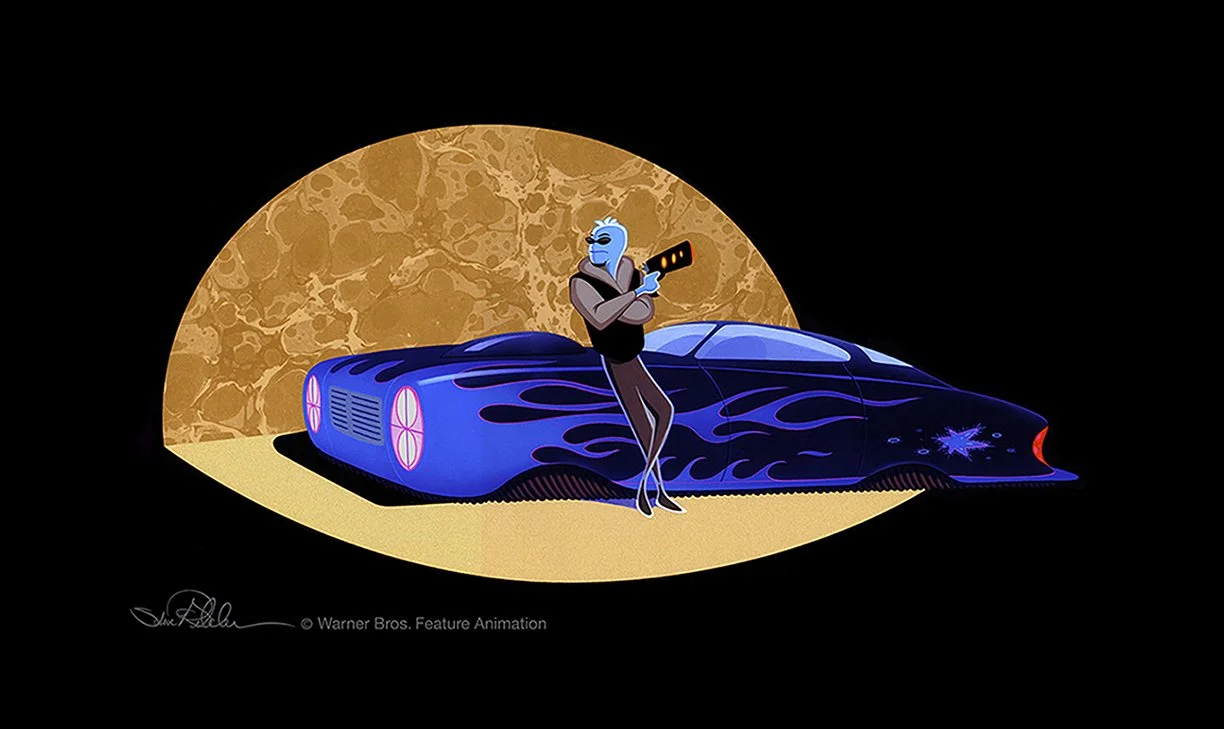 An acrylic and digital painting of Osmosis Jones posing with his molecular ray gun, leaning against his black police vehicle with blue flames, framed by a golden spotlight, in the style of the film Osmosis Jones.