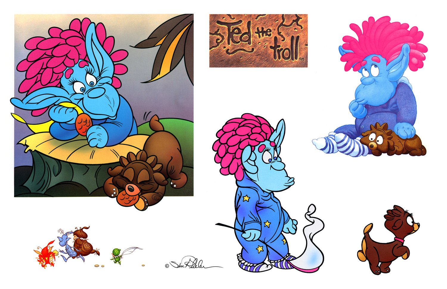 Various samples of “Ted the Troll” character for math series books. A troll character with blue skinned pajamas and pink tubular hair with a brown pet dog.