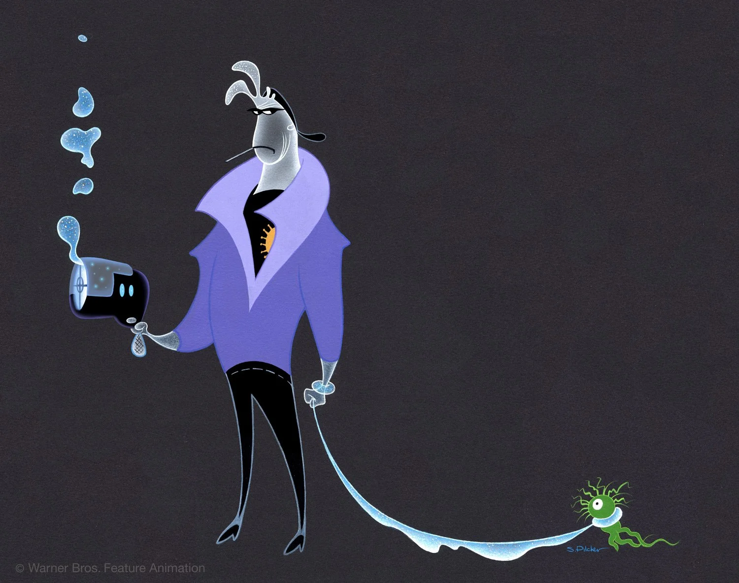 Gouache and airbrush painting of Osmosis Jones detective character in a violet jacket holding a smoking oxygen ray gun, with a captured green germ, in the style of the film Osmosis Jones.