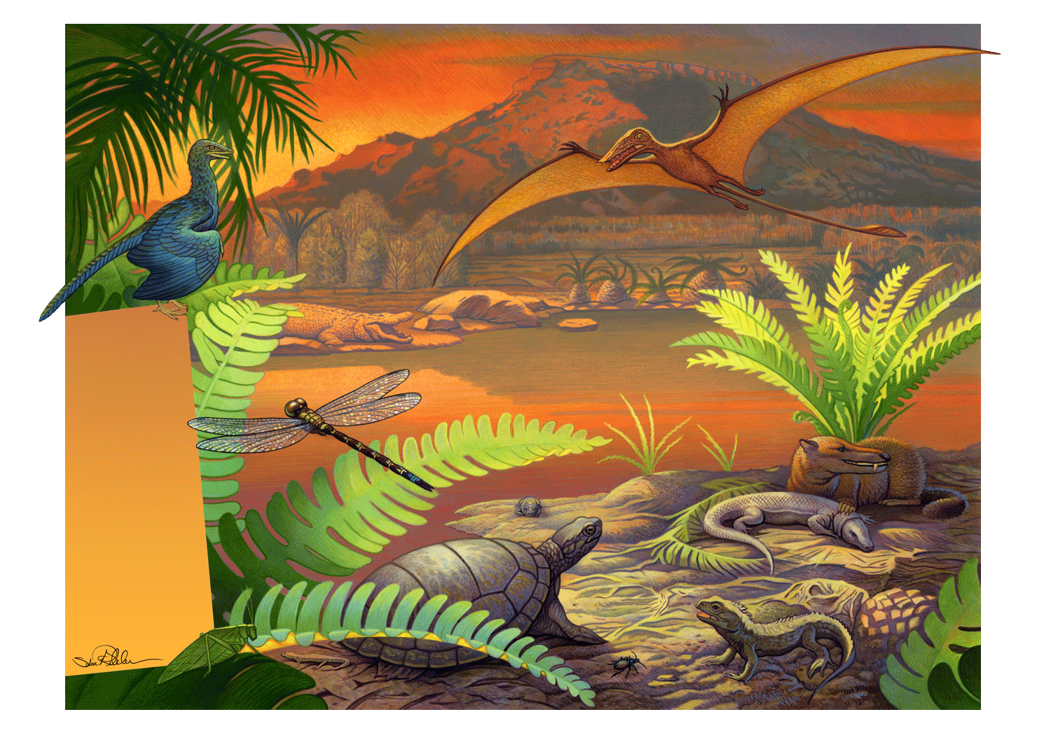 Acrylic illustration of an ancient dinosaur environment in an orange sunset light with large green ferns, a prehistoric dragonfly, turtle , flying pterodactyl by a lake with a volcano in the distance.