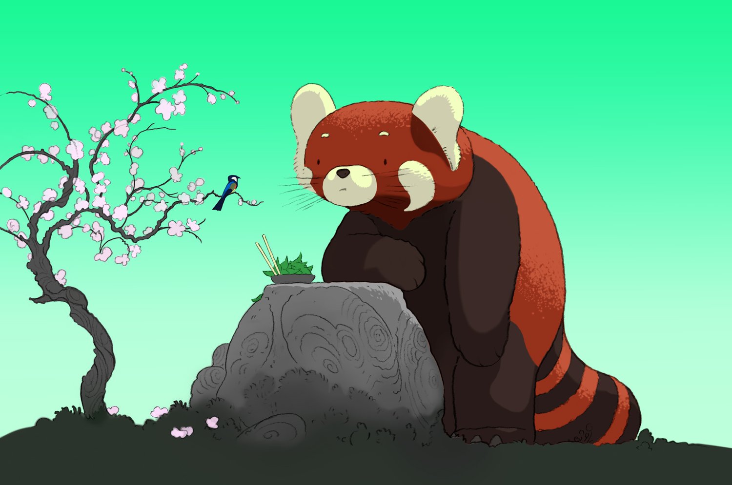 A digital painting of a red panda eating a bowl of leaves looking at a small bird perched in a blossoming pink flowered Japanese cherry tree with a green sky.