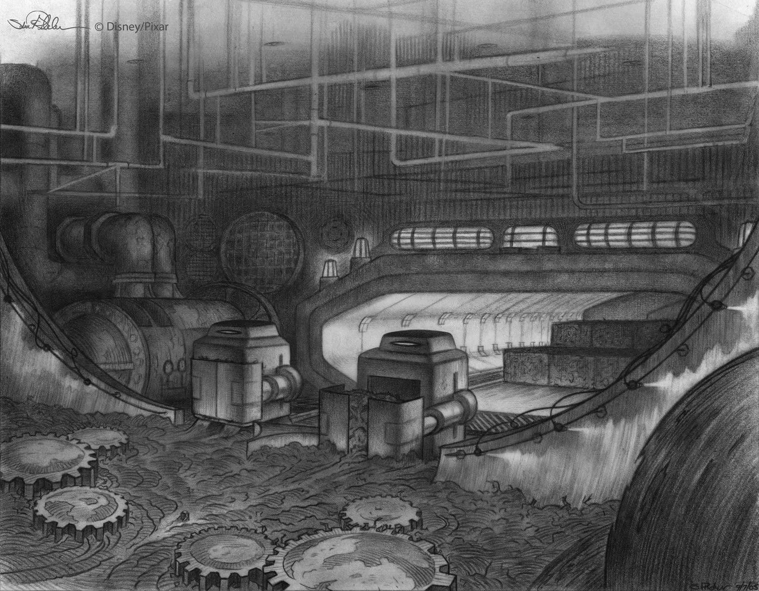Pencil drawing concept art of sewage trash compactor area, for the film WALL-E.