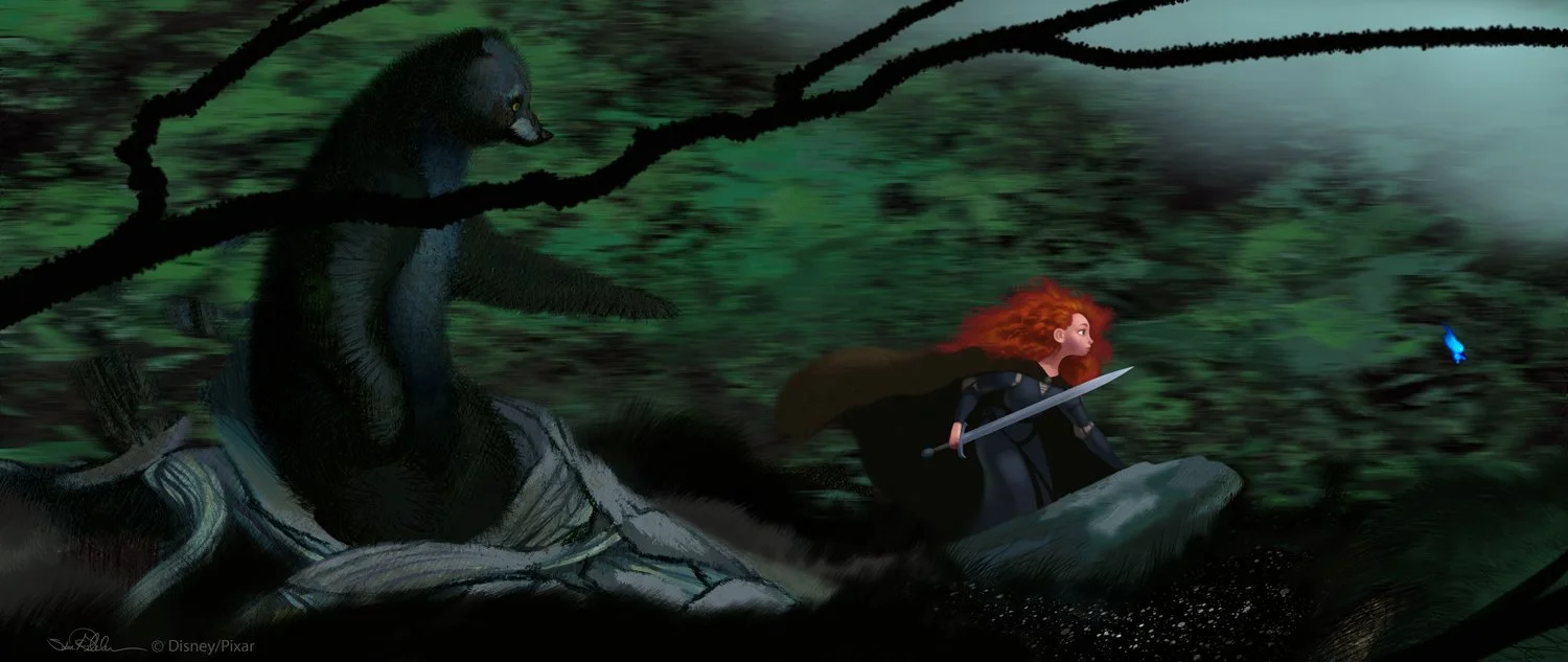 Digital concept painting of Merida and Mom bear hiking through a dark, misty forest in the style of the film Brave.