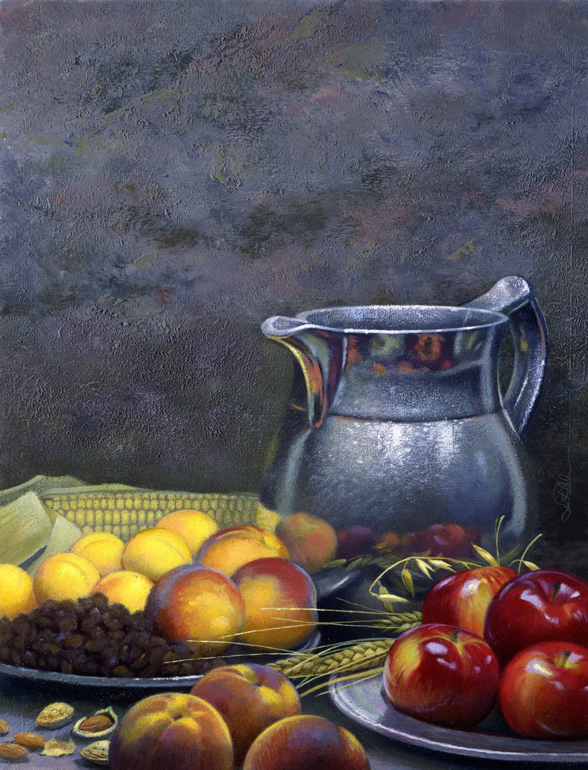Oil painting of a silver grey pewter jug, on a fruit covered table of orange peaches, red apples, raisins, yellow apricots, almonds, corn and wheat in front of a grey textured wall.