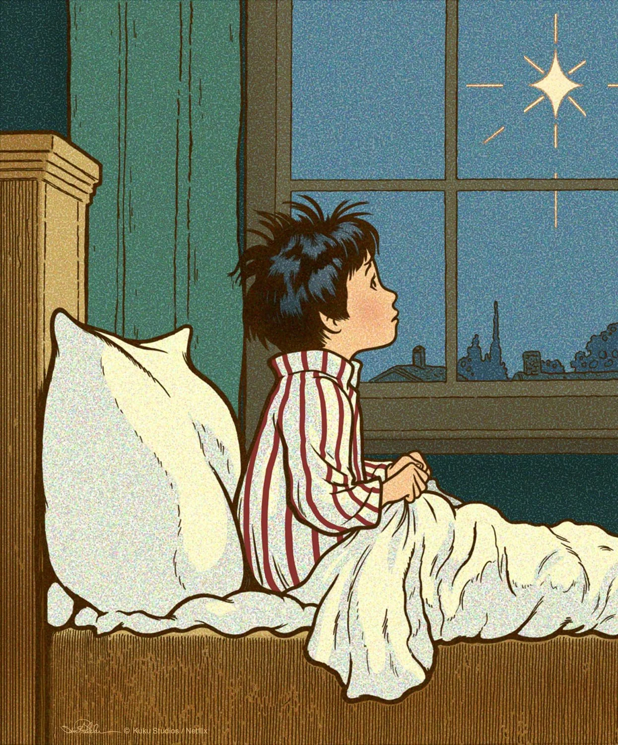 Digital painting of young boy in his brown, wooden bed looking out the window at the yellow sandcastle star in a blue night sky, in a vintage illustration style, from a page in the book The Legend of the Sandman, for the film In Your Dreams.