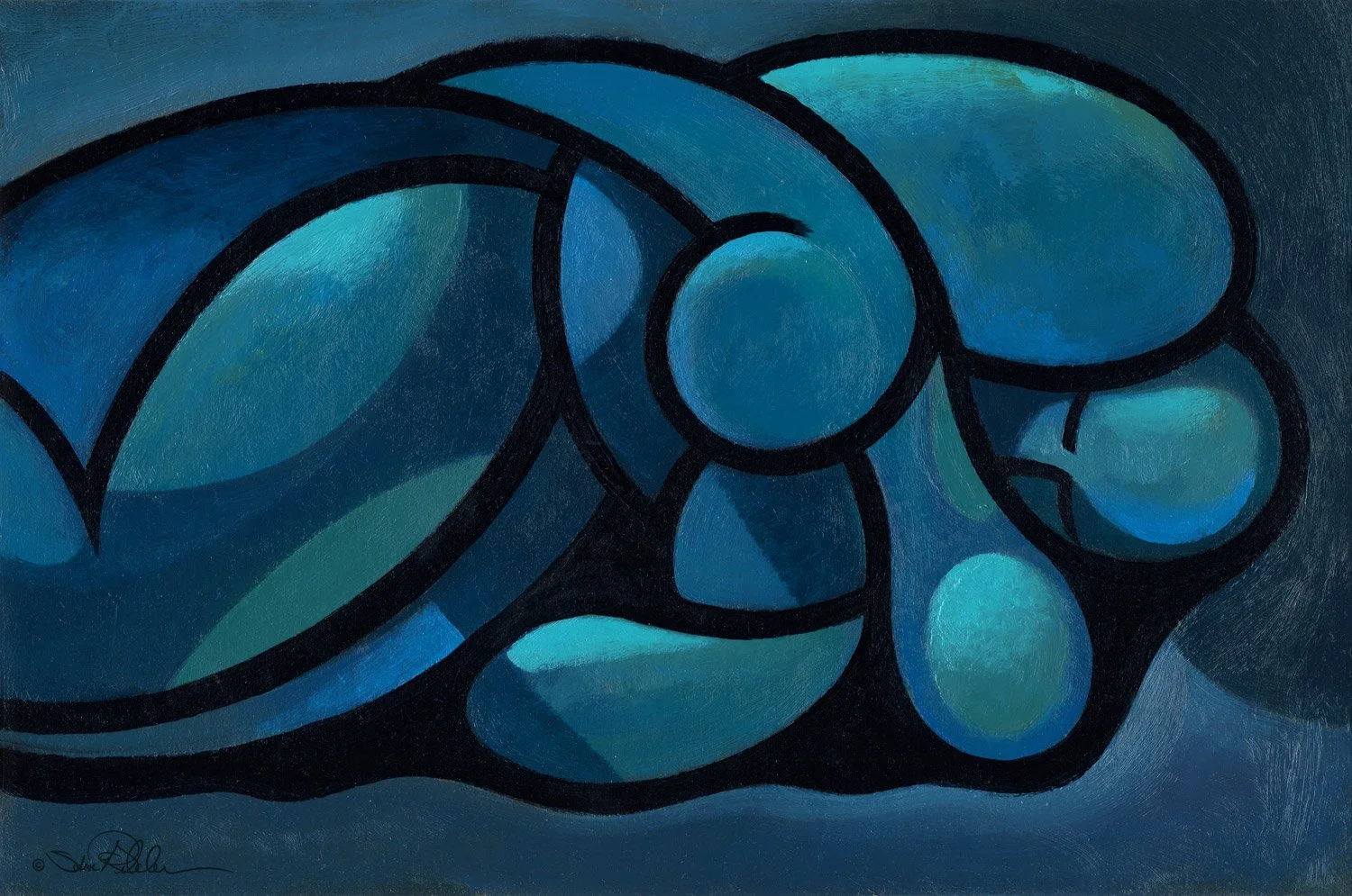 An oil painting in a modern abstract style of couple in an embrace in a blue monochromatic color palette.