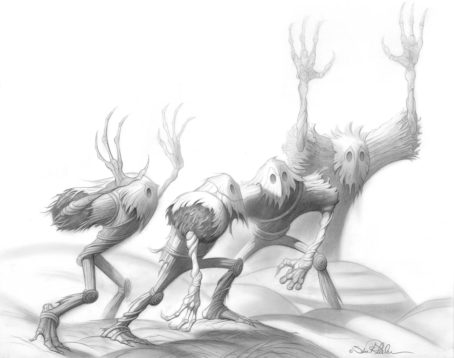 A fantasy drawing of four Wicker-like men in the mist with arms raised in attack.