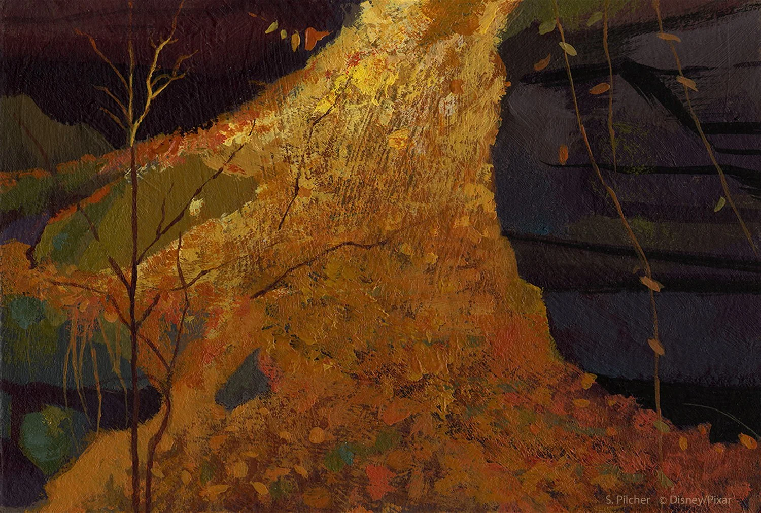 An acrylic painting of orange fall leaves in a rocky Scottish forest in the style of the film Brave.