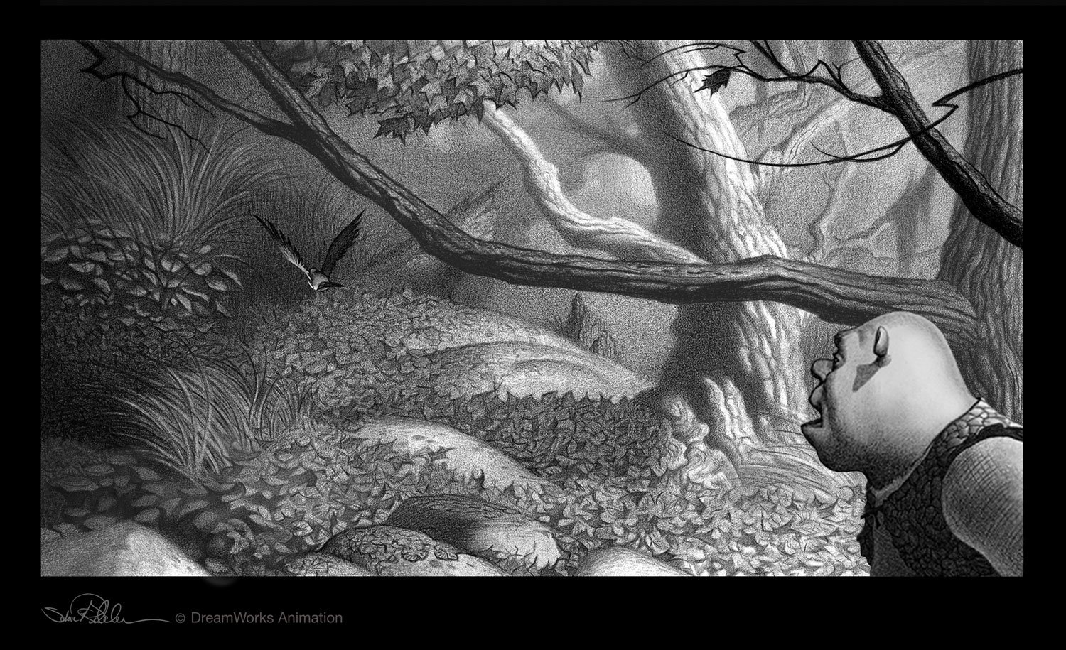 Pencil drawing concept art of Shrek walking through a forest of twisting trees and dense foliage, glancing at a bird, for the film Shrek 2.