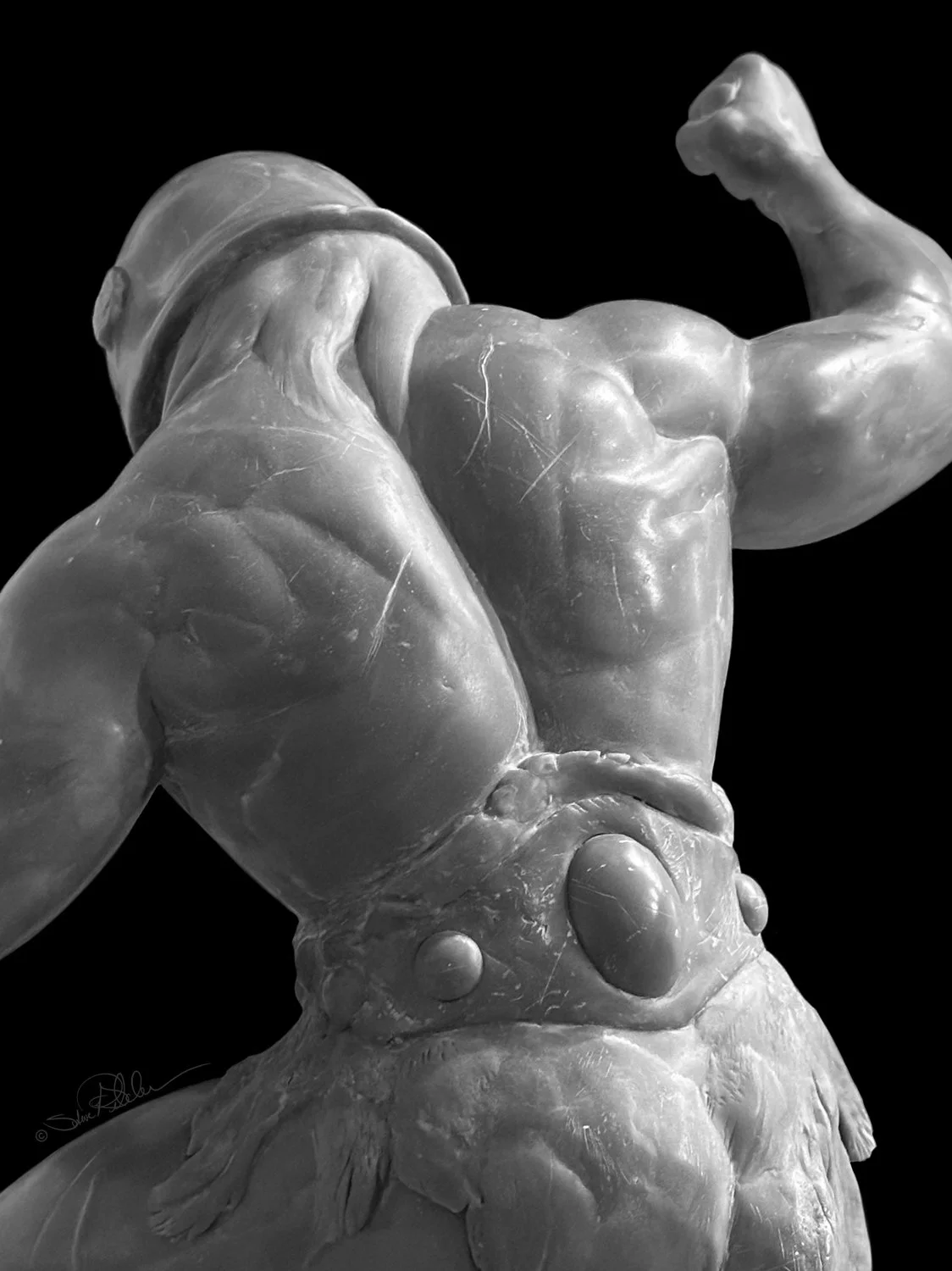 Sculpture in grey epoxy resin of the scarred back of muscular barbarian warrior with broken helmet missing a horn from a battle.