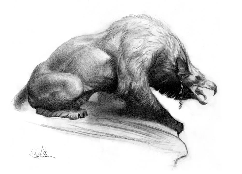A fantasy drawing of a griffin snarling on the edge of a stone cliff.